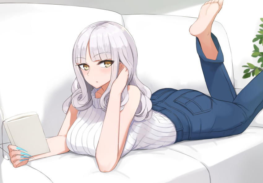 1girl, alternate_costume, blue_nails, blue_pants, breasts, carmilla_(fate/grand_order), casual, couch