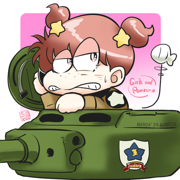 1girl, alisa_(girls_und_panzer), aoneco, asari-chan, balloon, brown_eyes, brown_hair, chibi