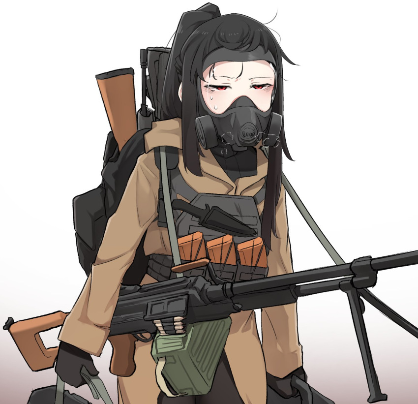 1girl, assault_rifle, backpack, bag, black_hair, breathing, carrying, coat