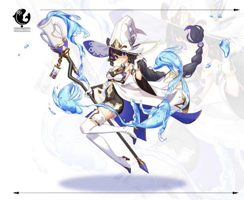 1girl, absurdres, bare_shoulders, black_hair, boots, braid, clothing_cutout, detached_sleeves, dolphin, eyebrows_visible_through_hair, full_body, fysc, gloves, hat, high_heels, highres, holding, holding_staff, long_hair, looking_at_viewer, multicolored_hair, navel, navel_cutout, original, purple_hair, smile, solo, staff, streaked_hair, thigh-highs, thigh_boots, very_long_hair, violet_eyes, water, white_background, white_gloves, witch_hat