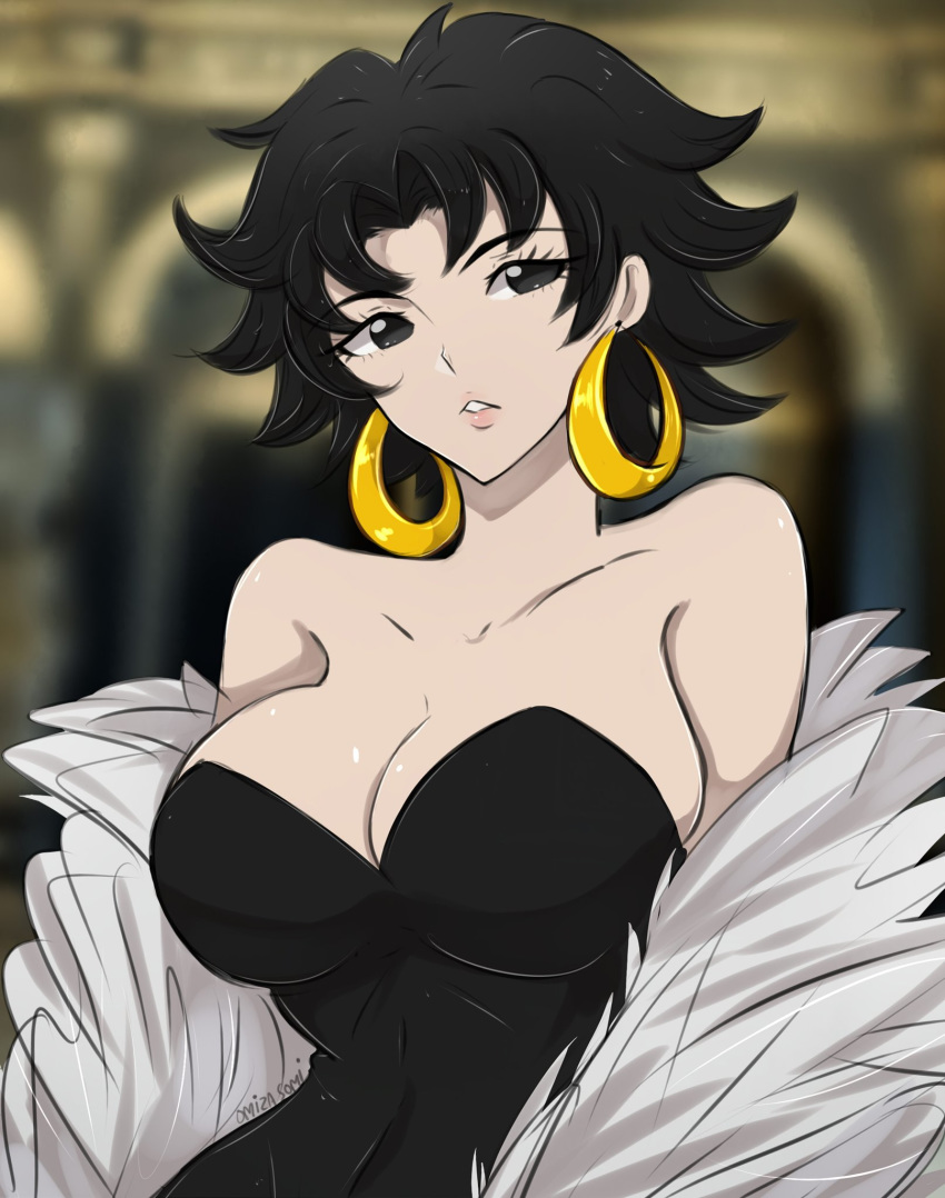 1920s_(style), 1girl, betty_boop, betty_boop_(character), black_dress, black_eyes, black_hair, breasts, coat, dress, earrings, fur_coat, gold_earrings, highres, hoop_earrings, jewelry, lips, medium_breasts, messy_hair, omiza_somi, pink_lips, reference_work, short_hair, theater, white_fur
