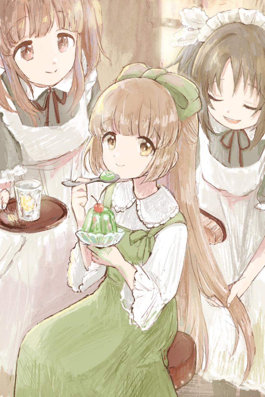 3girls, apron, bent_over, black_legwear, bow, breasts, brown_eyes, brown_hair