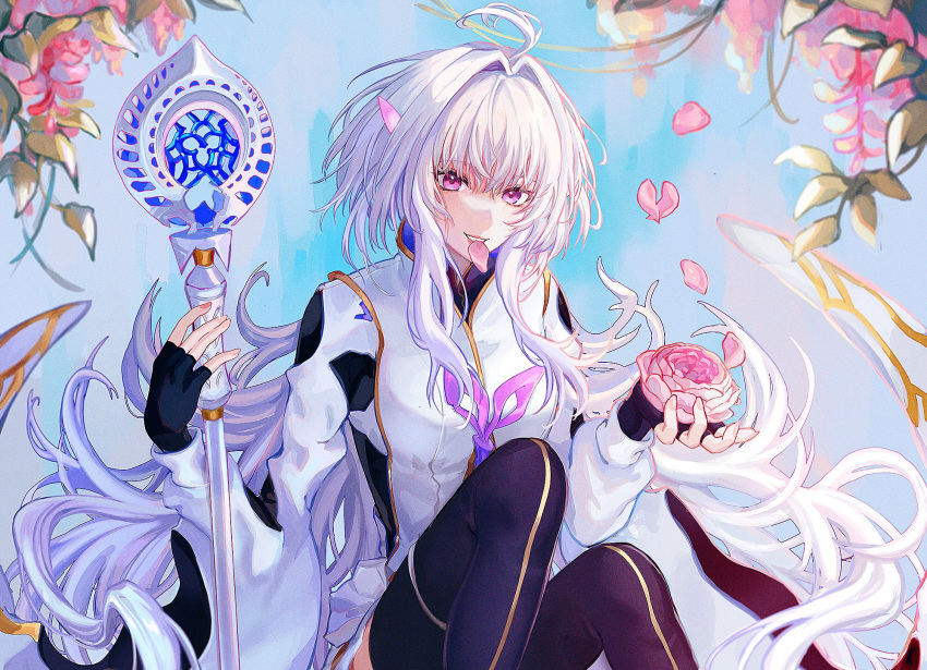 1girl, ahoge, black_gloves, black_legwear, fate/grand_order, fate_(series), fingerless_gloves, flower, gloves, highres, holding, holding_flower, holding_staff, long_hair, looking_at_viewer, merlin_(fate/prototype), messy_hair, mouth_hold, petals, silver_hair, sitting, solo, staff, thigh-highs, very_long_hair, violet_eyes, whispey