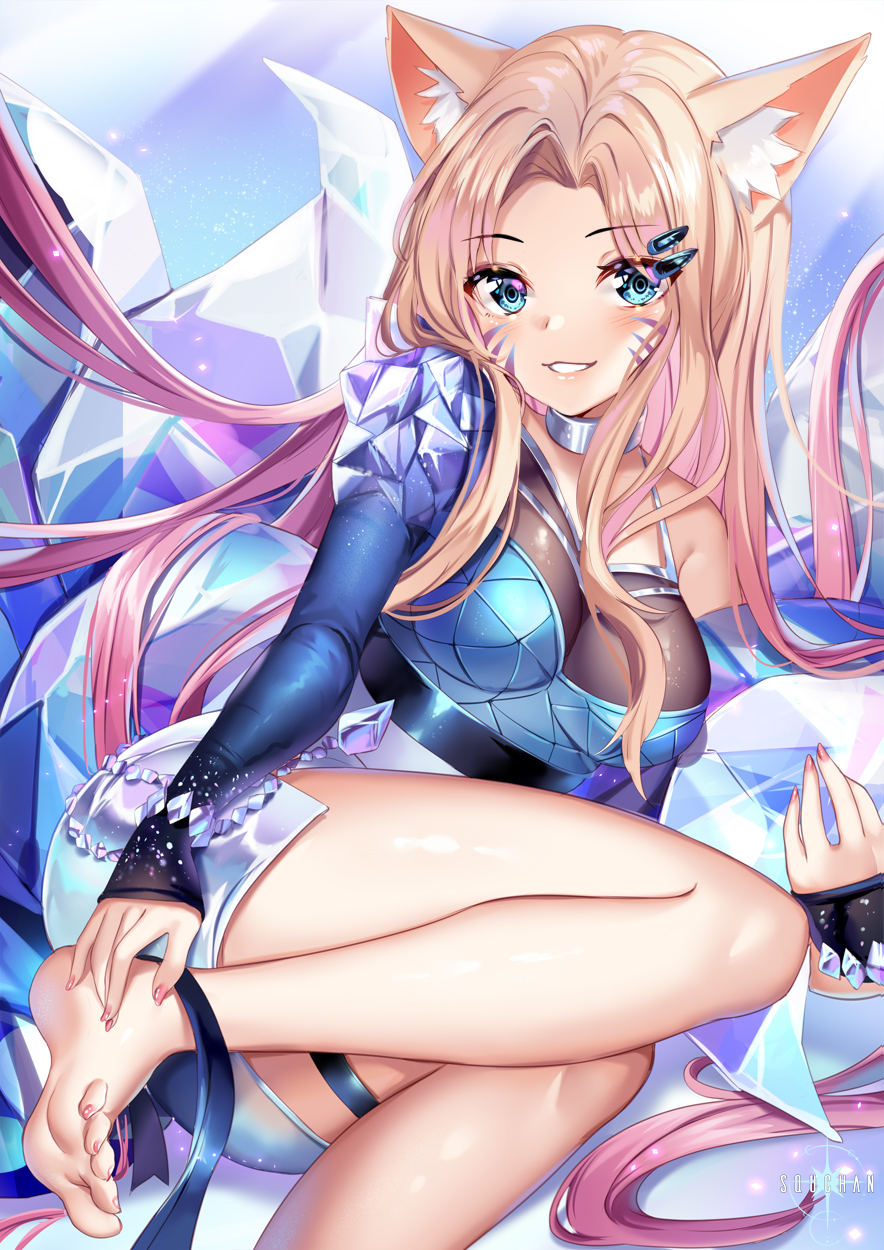 1girl, ahri, animal_ear_fluff, animal_ears, artist_name, bangs, barefoot, blue_eyes, blush, breasts, commentary, crystal_tail, english_commentary, facial_mark, fox_ears, fox_girl, fox_tail, hair_ornament, hairclip, highres, juliet_sleeves, k/da_(league_of_legends), k/da_ahri, league_of_legends, light_brown_hair, long_hair, long_sleeves, looking_at_viewer, medium_breasts, nail_polish, parted_bangs, pink_nails, puffy_sleeves, skirt, sleeves_past_wrists, smile, solo, squchan, tail, very_long_hair, whisker_markings, white_skirt
