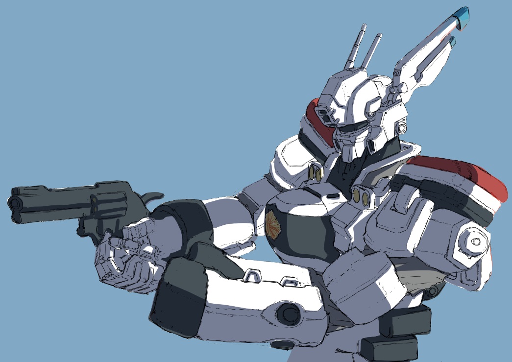 av-98_ingram_unit_2, blue_background, gun, handgun, holding, holding_gun, holding_weapon, kidou_keisatsu_patlabor