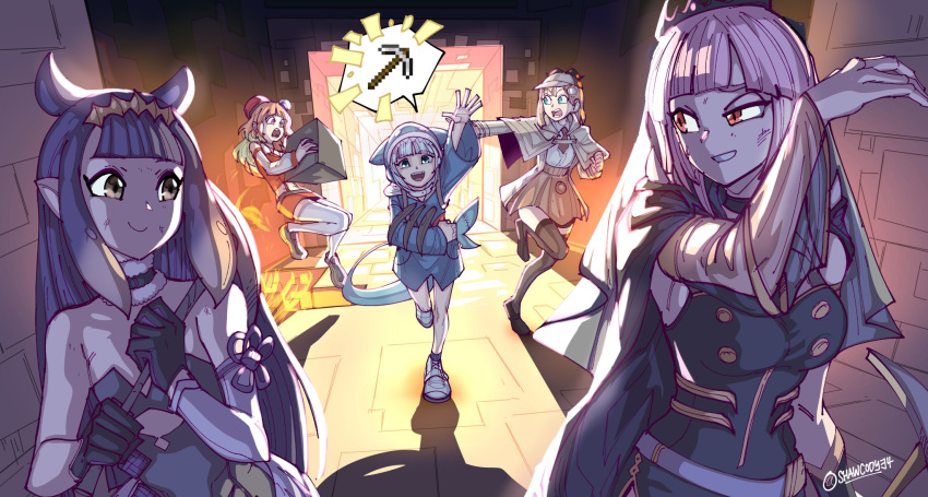 5girls, animal_hood, artist_name, bangs, black_hair, blue_eyes, brown_eyes, cave