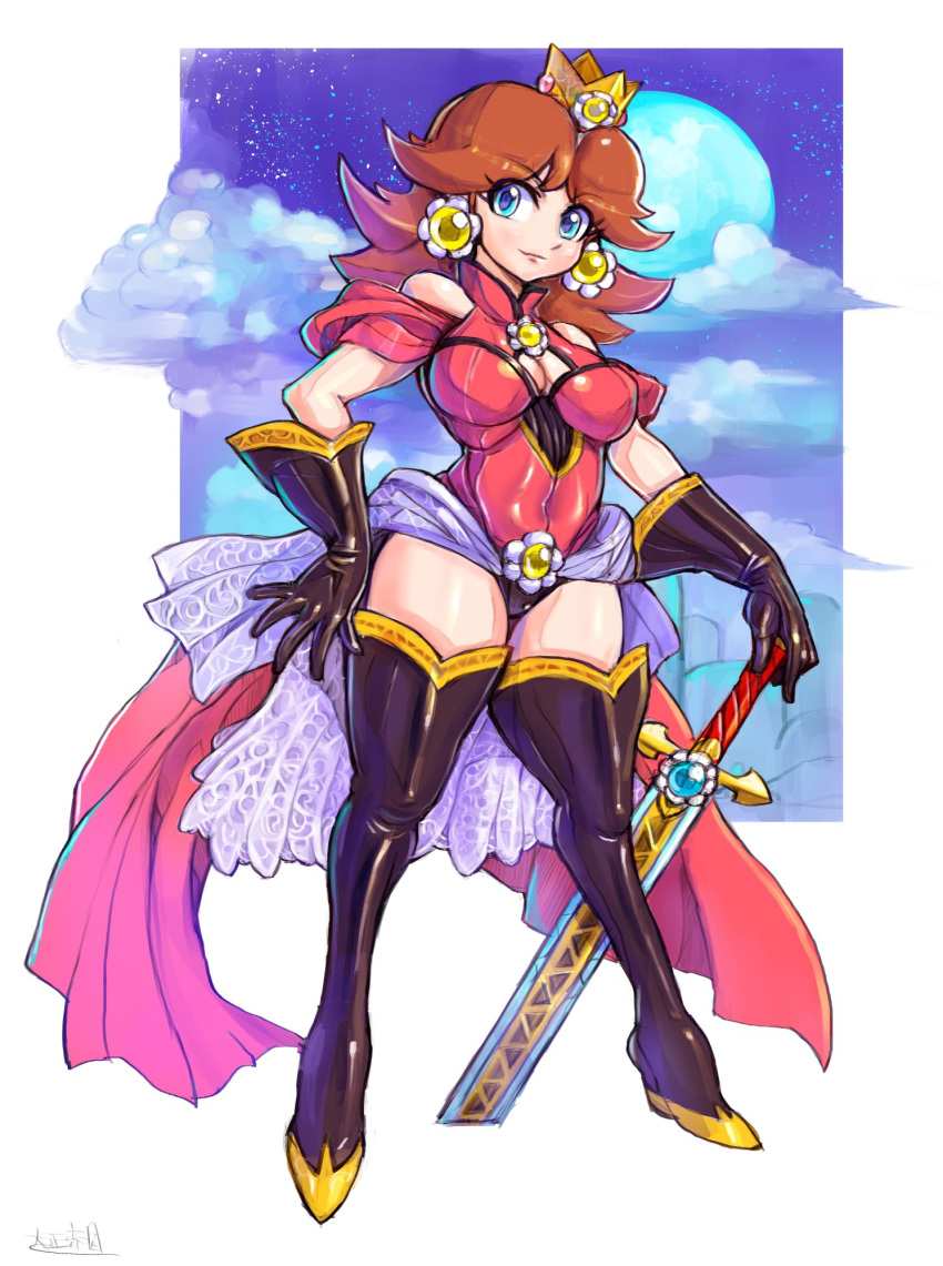 1girl, alternate_costume, black_gloves, blue_eyes, breasts, brown_hair, covered_navel, earrings, flower_earrings, gloves, highres, holding, holding_sword, holding_weapon, jewelry, large_breasts, looking_at_viewer, super_mario_bros., medium_hair, oomasa_teikoku, princess_daisy, solo, sword, weapon