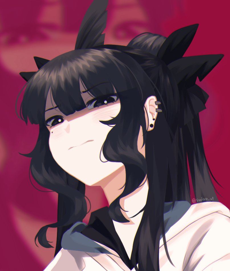 1girl, artemis_of_the_blue, atelier_live, bangs, black_eyes, black_hair, disgust, ear_piercing