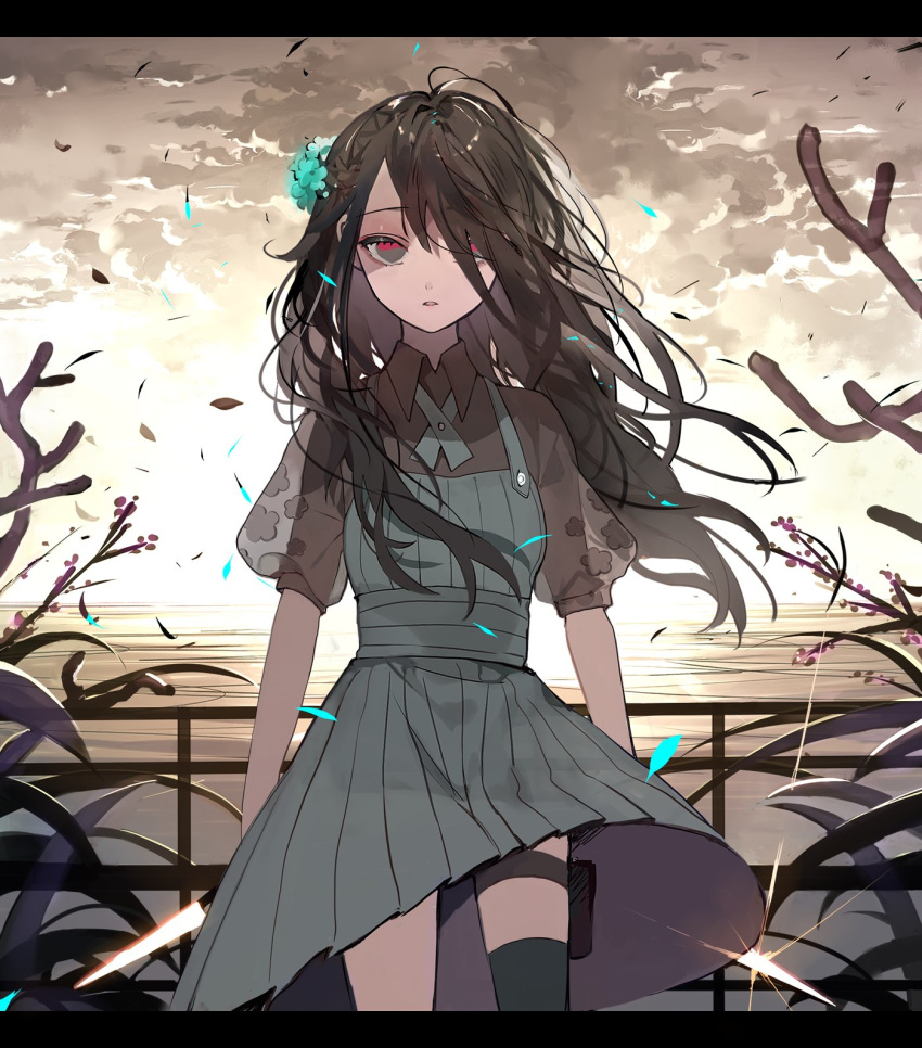 1girl, asymmetrical_legwear, bad_end, berry, black_hair, black_legwear, blown_petals, blue_dress