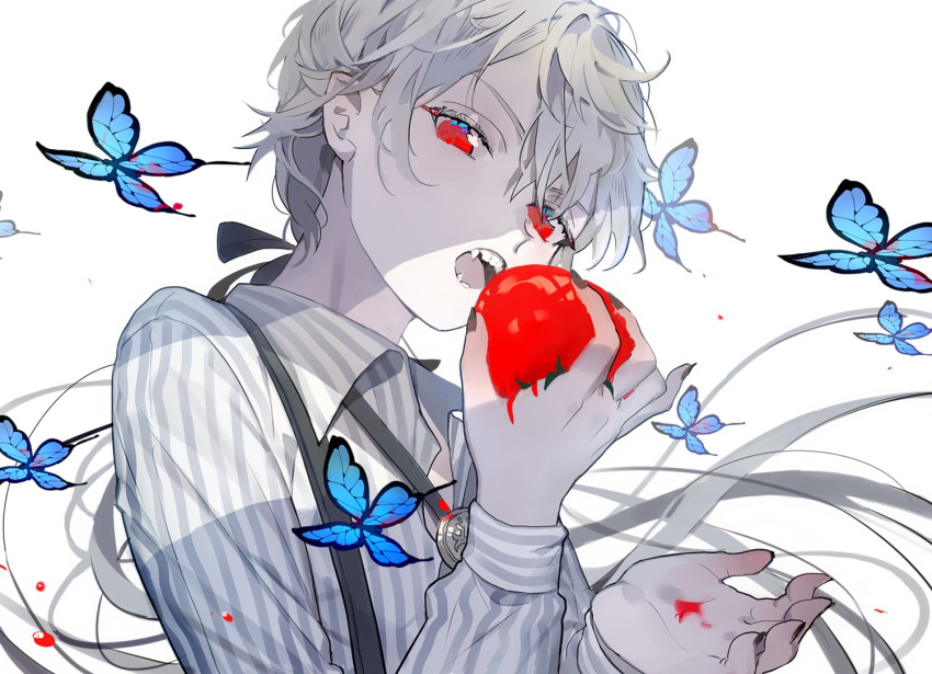 1boy, black_bow, black_nails, blue_butterfly, bolo_tie, bow, brooch, commentary, commentary_request, dripping, eyelashes, fangs, food, fruit, grey_hair, hair_bow, hand_up, holding, holding_food, holding_fruit, jewelry, long_hair, long_sleeves, looking_at_viewer, messy_hair, natsuro, open_mouth, original, pointy_ears, ponytail, red_eyes, shirt, solo, spot_color, stain, striped, striped_shirt, suspenders, tomato, tomato_juice, upper_body, vampire, very_long_hair, white_background