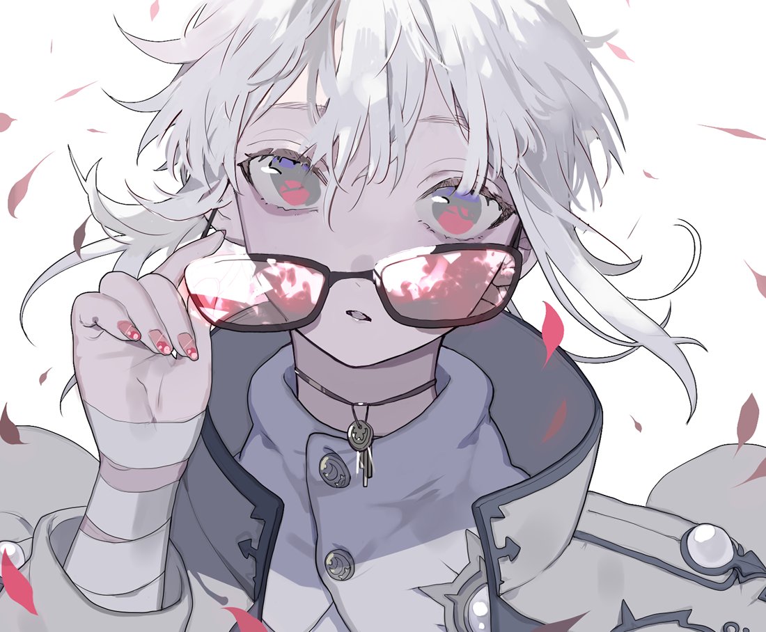 1girl, black-framed_eyewear, brooch, buttons, coat, commentary_request, epaulettes, eyelashes