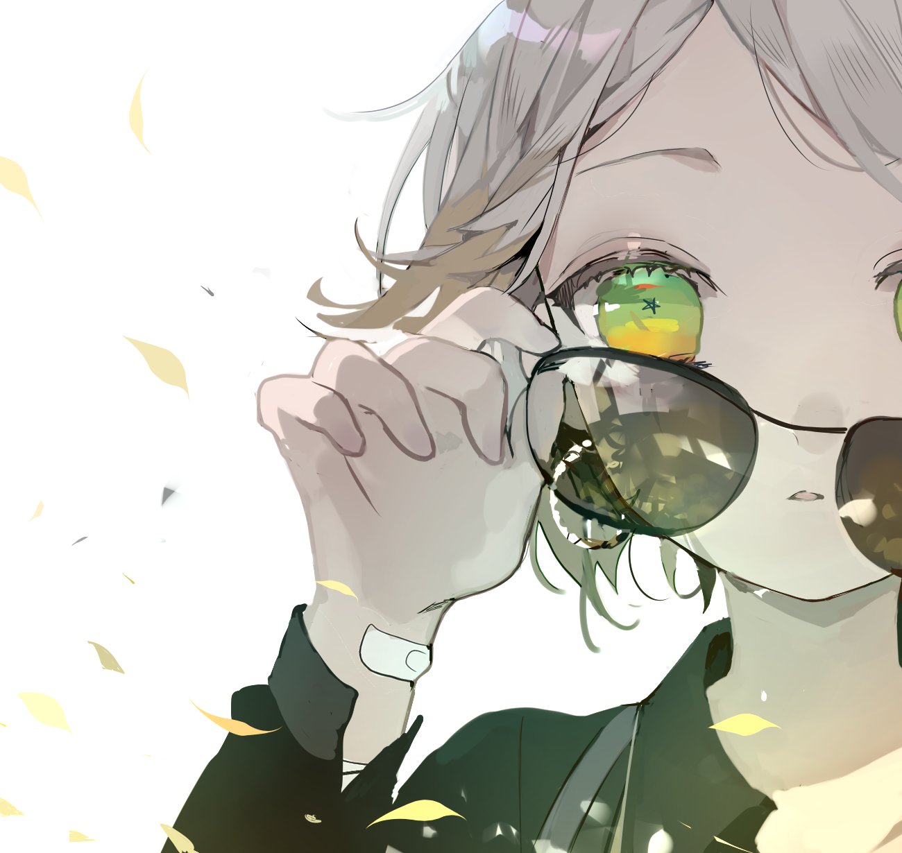 1girl, bandaid_on_wrist, commentary_request, earrings, eyelashes, green_eyes, grey_hair, hand_up