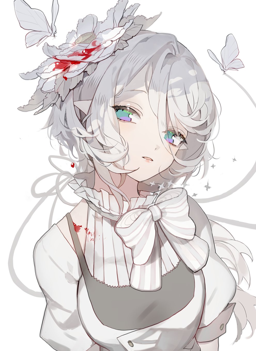 1girl, blood_on_flower, bob_cut, bow, bowtie, bug, butterfly, commentary