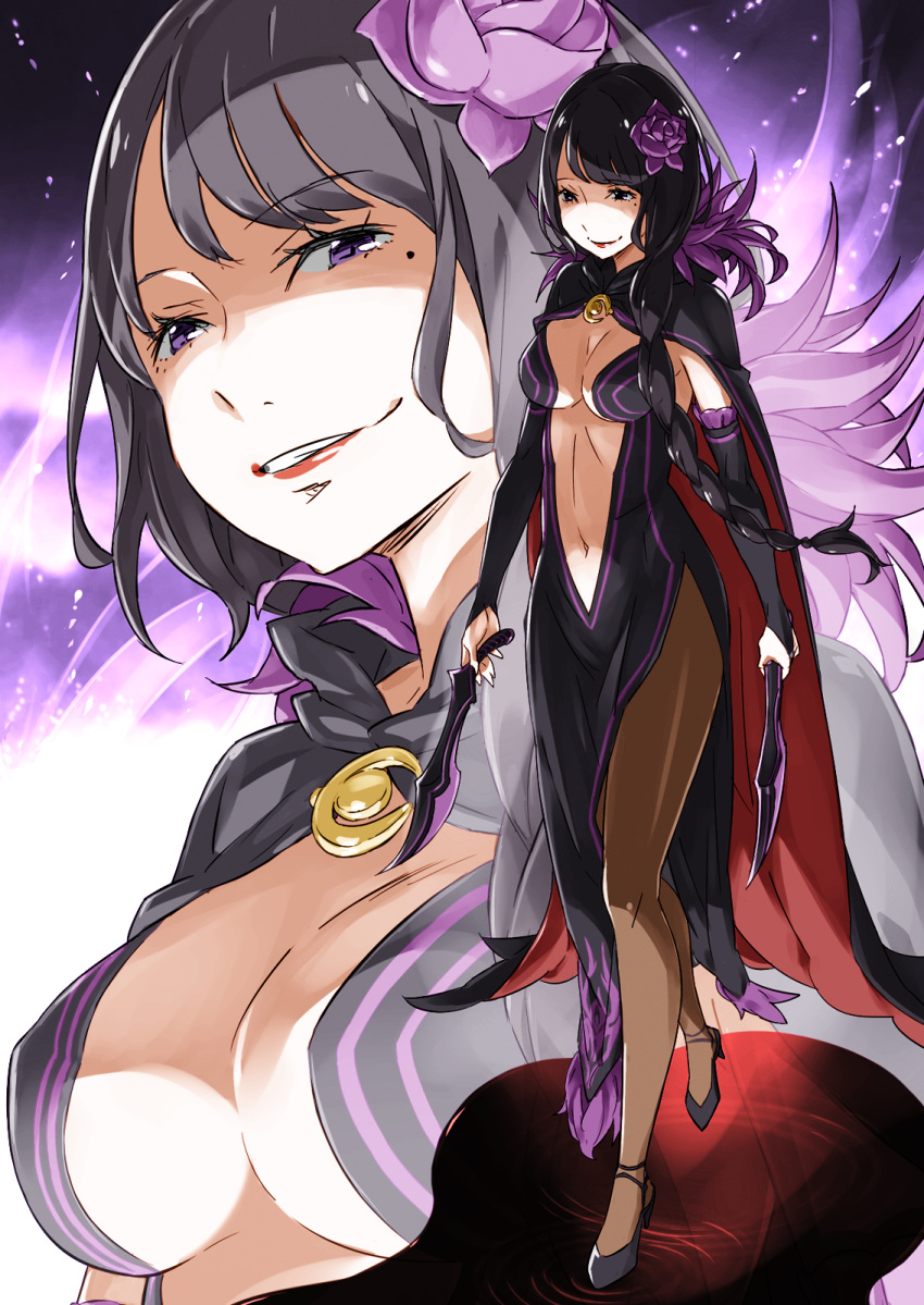 1girl, black_bridal_gauntlets, black_cloak, black_hair, blush, breasts, capelet, clasp