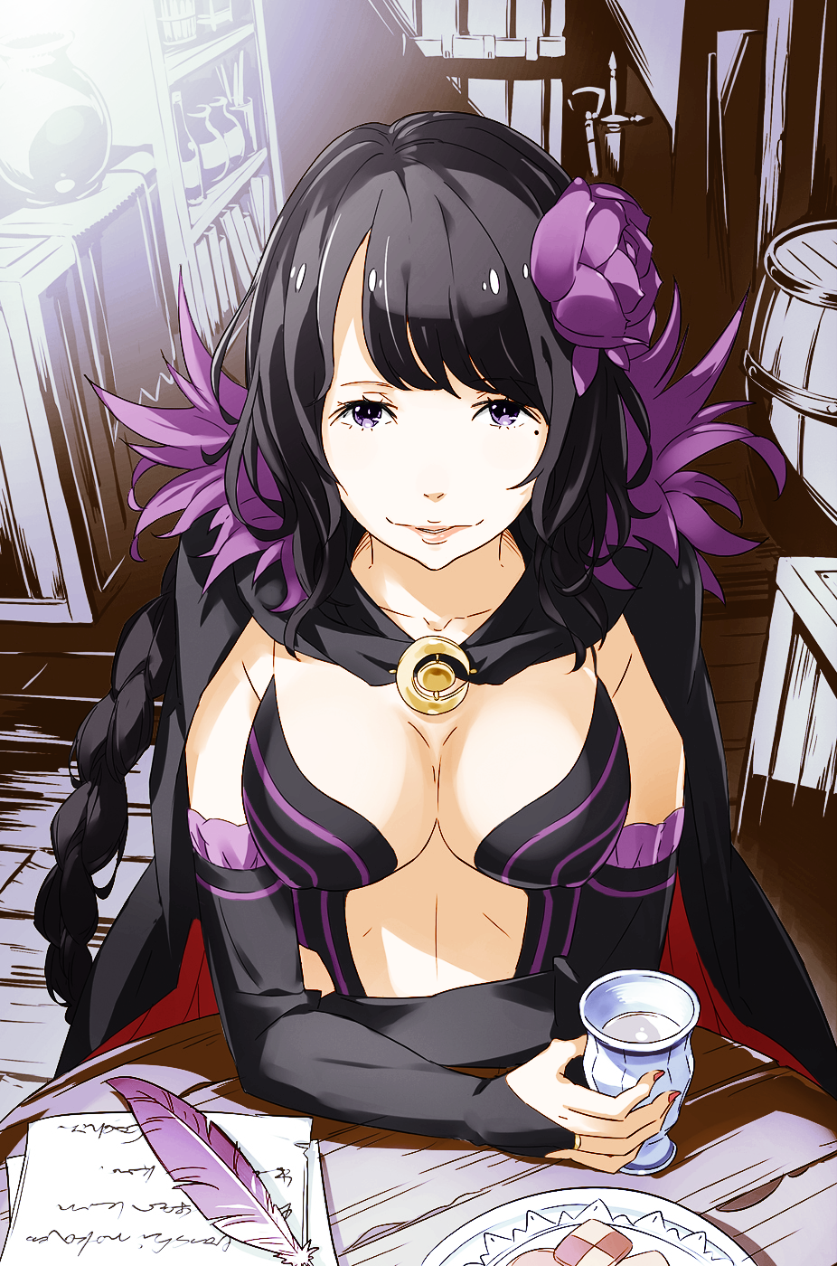 1girl, black_bridal_gauntlets, black_cloak, black_hair, blush, breasts, clasp, cloak