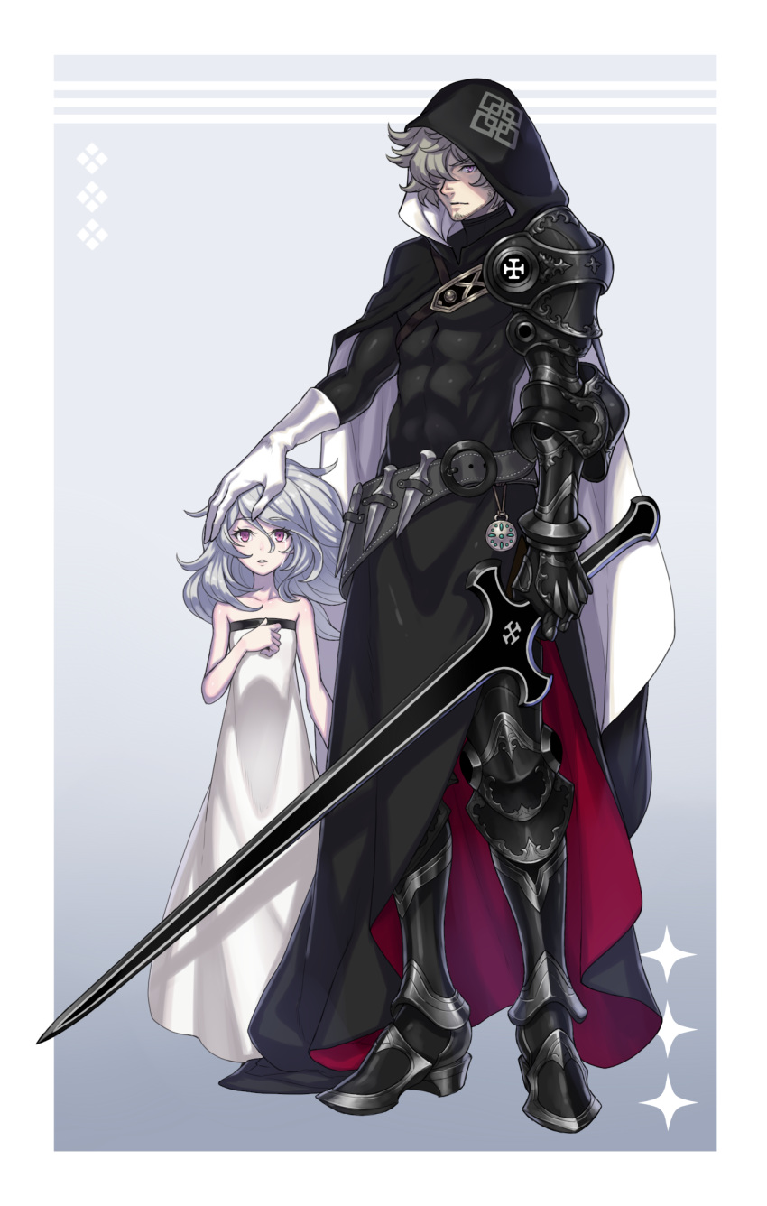 1boy, 1girl, abs, ahoge, armor, bare_shoulders, belt, bite_addict, black_armor, black_cape, black_footwear, brown_hair, cape, child, closed_mouth, collarbone, covered_abs, crying, dress, eyebrows_visible_through_hair, facial_hair, fantasy, gauntlets, gloves, gradient, gradient_background, greaves, grey_hair, growth, hair_between_eyes, hair_over_one_eye, hand_on_another's_head, height_difference, highres, holding, holding_sword, holding_weapon, hood, hood_up, hooded_cape, knife, looking_at_viewer, medium_hair, muscle, original, pauldrons, pink_eyes, shoulder_armor, single_gauntlet, single_glove, single_pauldron, standing, sword, throwing_knife, turtleneck, vambraces, violet_eyes, weapon, white_dress, white_gloves