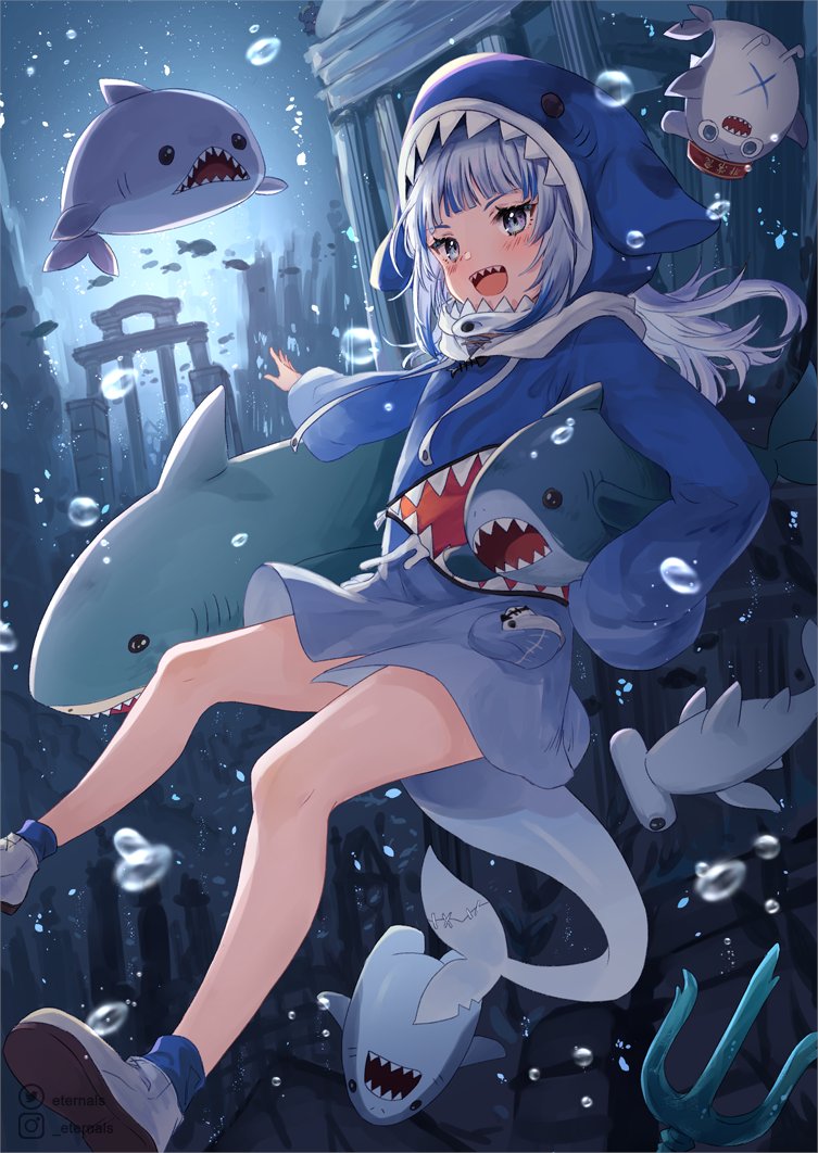 1girl, :d, air_bubble, animal_costume, animal_hood, artist_name, bloop_(gawr_gura), blue_hair