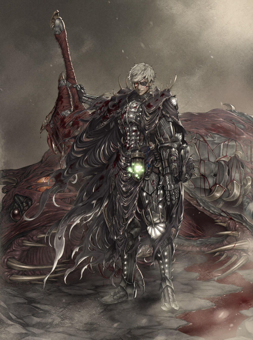 1boy, absurdres, armor, bite_addict, black_armor, black_cloak, bleeding, blood