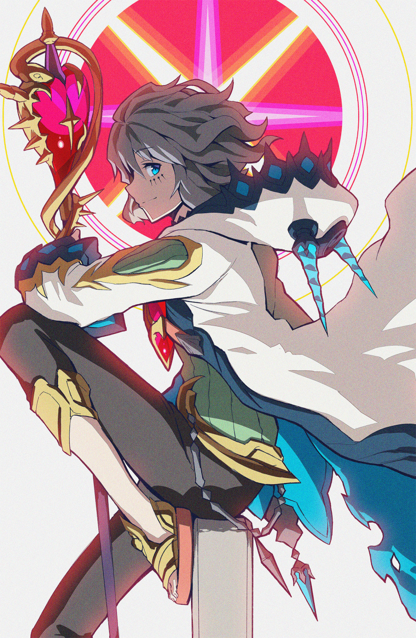 1boy, absurdres, blue_eyes, closed_mouth, coat, eyebrows_visible_through_hair, facial_mark, film_grain, gem, gibagiba, grey_hair, heart, highres, holding, holding_staff, hood, hood_down, hooded_coat, horned_hood, horns, male_focus, monster_strike, moses_(monster_strike), open_clothes, open_coat, profile, sitting, sleeves_past_wrists, smile, solo, spikes, staff, toenails, torn, torn_clothes, torn_coat, white_coat