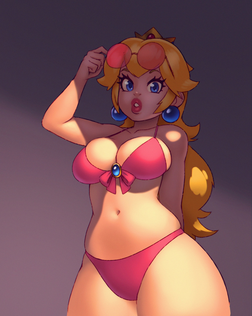 1girl, absurdres, alternate_costume, alternate_hairstyle, bikini, bikini_bottom, bikini_top, blonde_hair, blue_eyes, eyewear_on_head, hand_on_eyewear, highres, looking_at_viewer, super_mario_bros., parted_lips, princess_peach, rizdraws, round_eyewear, simple_background, sunglasses, sunlight, super_smash_bros., swimsuit, tan, teeth, thick_thighs, thighs
