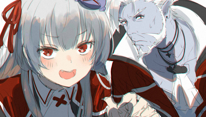 1boy, 1girl, april_fools, blush, crossover, earrings, gilzaren_iii, hair_ribbon, isshiki_(ffmania7), jewelry, long_hair, natori_sana, nijisanji, open_mouth, pointy_ears, purple_skin, red_eyes, ribbon, sana_channel, silver_hair, sketch, smile, stud_earrings, sweatdrop, upper_body, vampire, virtual_youtuber, white_hair