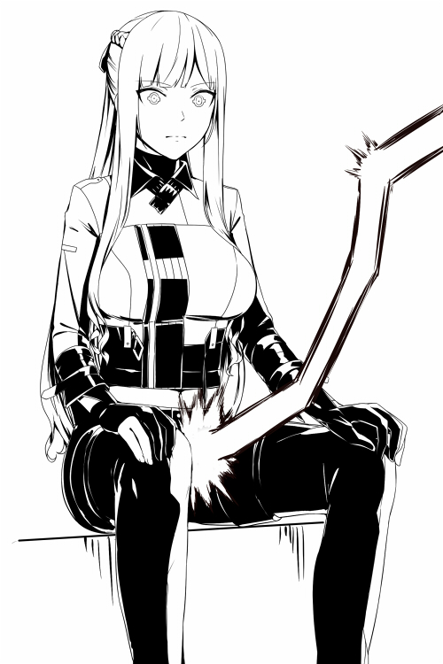 1girl, ak-12_(girls_frontline), artificial_eye, bangs, black_ribbon, braid, breasts, expressionless