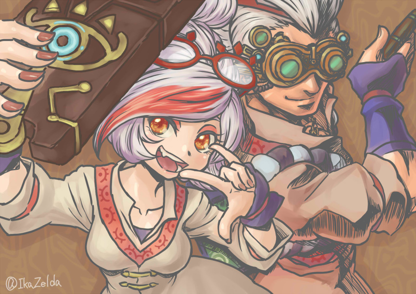 1boy, 1girl, fingerless_gloves, glasses, gloves, goggles, highres, hyrule_warriors:_age_of_calamity, mimasato, pose, purah, red_eyes, robbie_(zelda), self_shot, sheikah, sheikah_slate, the_legend_of_zelda, the_legend_of_zelda:_breath_of_the_wild, white_hair