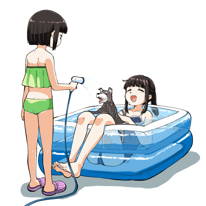 2girls, bangs, bikini, black_hair, blunt_bangs, blunt_ends, closed_eyes, copyright_request, crocs, dog, green_bikini, highres, holding_hose, hose, kumichou_(kumichoubox), multiple_girls, one-piece_swimsuit, open_mouth, partially_submerged, ponytail, school_swimsuit, short_hair, spraying, swimsuit, wading_pool, water, white_background