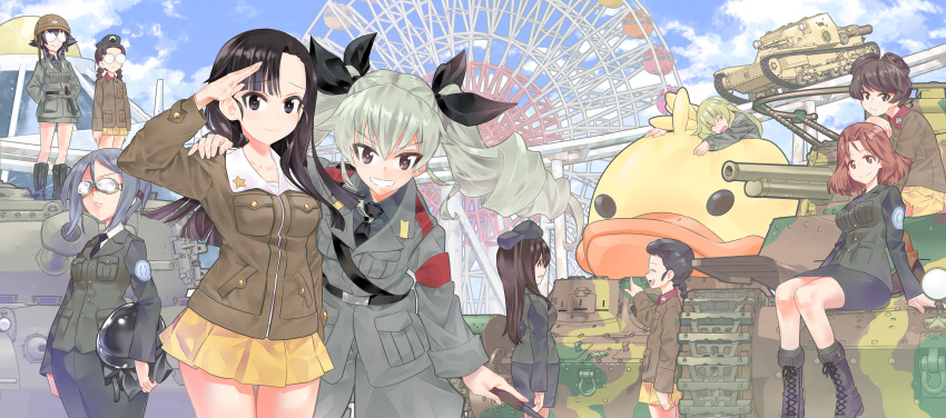 6+girls, absurdres, amusement_park, anchovy_(girls_und_panzer), anzio_(emblem), anzio_military_uniform, arm_around_shoulder, arms_behind_back, asymmetrical_bangs, azumi_(girls_und_panzer), bangs, belt, beret, bespectacled, bird, black_belt, black_eyes, black_footwear, black_hair, black_headwear, black_jacket, black_neckwear, black_shirt, black_skirt, blonde_hair, boots, braid, brown_eyes, brown_hair, brown_headwear, brown_jacket, carpaccio_(girls_und_panzer), carro_veloce_cv-33, chi-hatan_military_uniform, closed_eyes, closed_mouth, clouds, cloudy_sky, commentary, cross-laced_footwear, dress_shirt, drill_hair, duck, emblem, eyebrows_visible_through_hair, eyewear_switch, ferris_wheel, frown, fukuda_(girls_und_panzer), girls_und_panzer, girls_und_panzer_gekijouban, glasses, goggles, green_hair, grey_hair, grey_jacket, grey_pants, grey_skirt, grin, ground_vehicle, hair_ribbon, hand_on_another's_shoulder, hat, headwear_switch, highres, holding, hosomi_(girls_und_panzer), huge_filesize, inou_takashi, insignia, jacket, japanese_tankery_league_(emblem), knife, lace-up_boots, long_hair, long_sleeves, looking_at_another, looking_at_viewer, m24_chaffee, medium_hair, megumi_(girls_und_panzer), military, military_hat, military_uniform, military_vehicle, miniskirt, motor_vehicle, multiple_girls, necktie, nishi_kinuyo, opaque_glasses, open_mouth, outdoors, pants, parted_bangs, pencil_skirt, pepperoni_(girls_und_panzer), pleated_skirt, pointing, red_eyes, ribbon, roller_coaster, round_eyewear, rumi_(girls_und_panzer), salute, sam_browne_belt, selection_university_(emblem), selection_university_military_uniform, shirt, side-by-side, side_braid, single_braid, skirt, sky, smile, standing, standing_at_attention, star_(symbol), swept_bangs, tamada_(girls_und_panzer), tank, tank_helmet, twin_braids, twin_drills, twintails, type_95_ha-gou, type_97_chi-ha, uniform, white_shirt, wing_collar, yellow_skirt