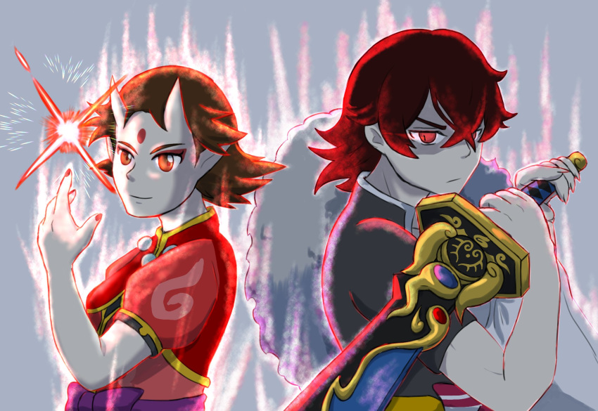 1boy, 1girl, amano_natsume, back-to-back, dark_persona, demon_horns, fighting_stance, red_eyes