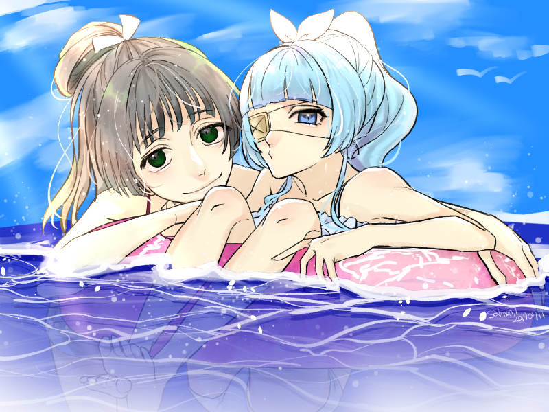 2boys, alternate_costume, alternate_hairstyle, bangs, bare_arms, bare_legs, bare_shoulders, bikini, blue_eyes, blue_hair, blue_swimsuit, blunt_bangs, crossdressinging, ekaterina_(senjuushi), elixx0423, eyepatch, floating, furusato_(senjuushi), grey_hair, hair_ribbon, head_tilt, innertube, long_hair, looking_at_viewer, multiple_boys, otoko_no_ko, outdoors, partially_submerged, partially_underwater_shot, ponytail, pursed_lips, ribbon, senjuushi:_the_thousand_noble_musketeers, senjuushi_(series), smile, swimsuit, tareme, water, wet, wet_hair