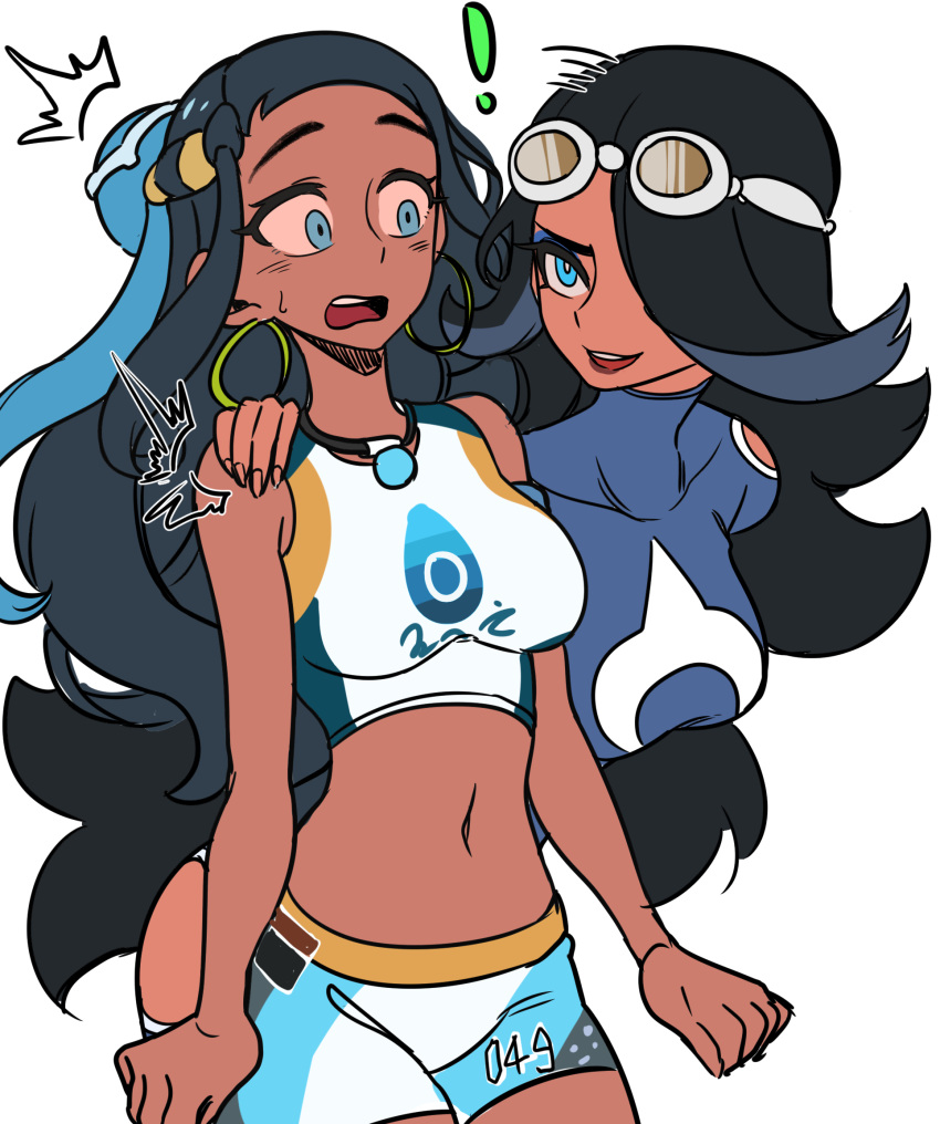 !, /\/\/\, 2girls, :d, armlet, bangs, bare_shoulders, bike_shorts