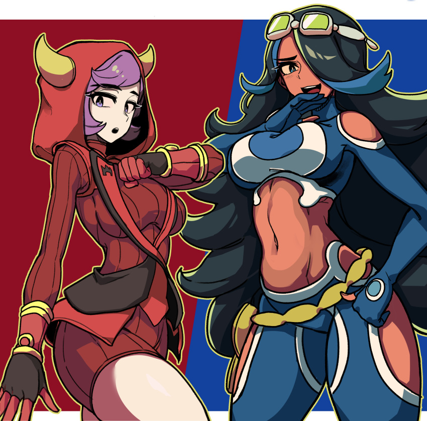 2girls, :d, :o, absurdres, bangs, black_gloves, black_hair, blue_eyes