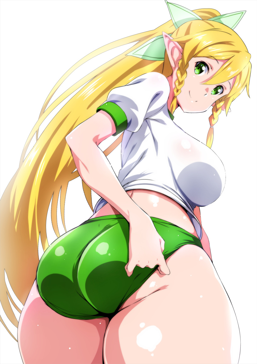 1girl, absurdres, airando, ass, blonde_hair, braid, breasts, buruma, closed_mouth, eyebrows_visible_through_hair, from_behind, green_buruma, green_eyes, gym_uniform, highres, large_breasts, leafa, long_hair, looking_at_viewer, looking_back, pointy_ears, ponytail, short_sleeves, smile, solo, sword_art_online, thighs, twin_braids