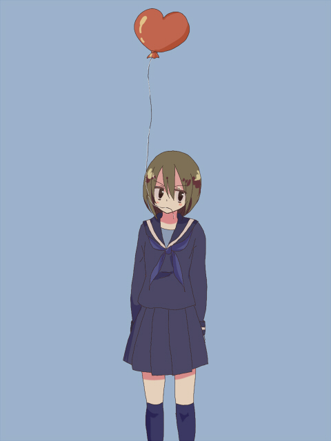 1girl, arm_at_side, balloon, bangs, blue_background, blue_legwear, blue_neckwear, blue_shirt