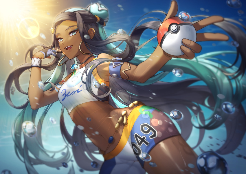 1girl, absurdres, aqua_hair, armlet, belly_chain, bike_shorts, black_hair, commentary