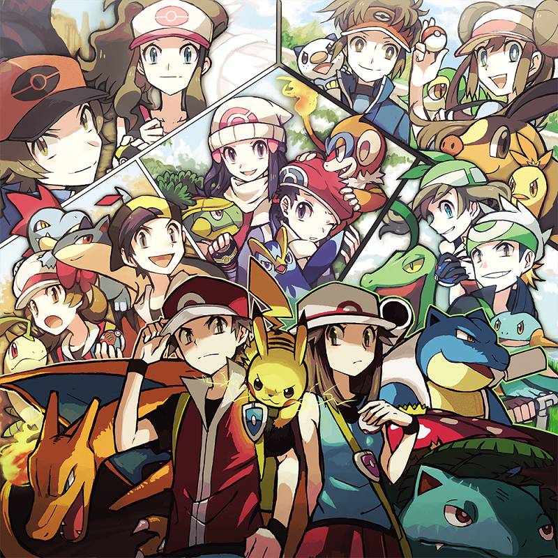 6+boys, 6+girls, bandana, baseball_cap, bayleef, beanie, black_hair, blastoise