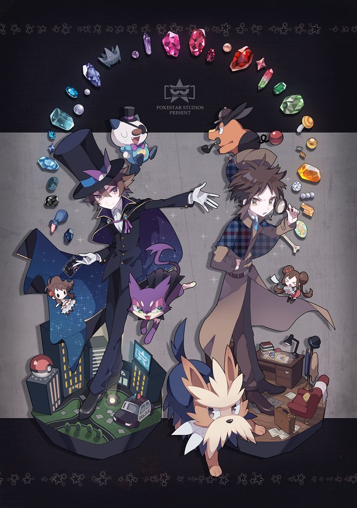 2boys, 2girls, black_footwear, black_headwear, black_jacket, black_pants, brown_coat, card, closed_mouth, coat, commentary_request, eyepatch, gen_5_pokemon, gloves, hat, herdier, hilbert_(pokemon), hilda_(pokemon), holding, holding_card, jacket, long_sleeves, magnifying_glass, multiple_boys, multiple_girls, nate_(pokemon), noii, oshawott, outstretched_arm, pants, pipe_in_mouth, poke_ball, poke_ball_(basic), pokemon, pokemon_(creature), pokemon_(game), pokemon_bw, pokemon_bw2, purrloin, rosa_(pokemon), shoes, star_(symbol), tepig, top_hat, white_gloves