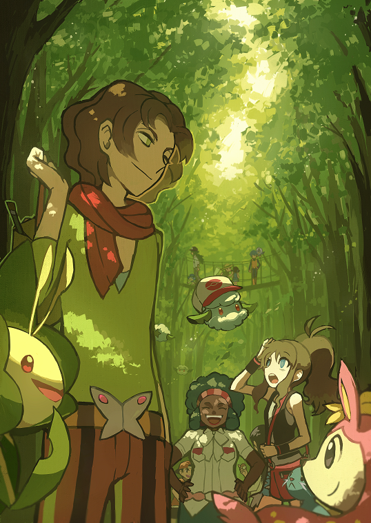 4girls, 5boys, ace_trainer_(pokemon), backwards_hat, baseball_cap, black_vest, bridge, brown_hair