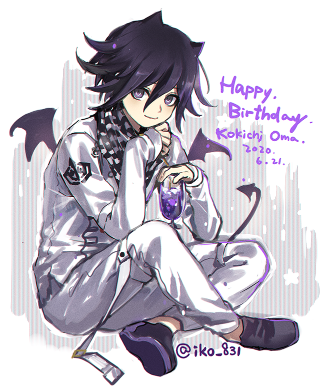 1boy, bangs, black_footwear, character_name, checkered, checkered_neckwear, crossed_legs, cup