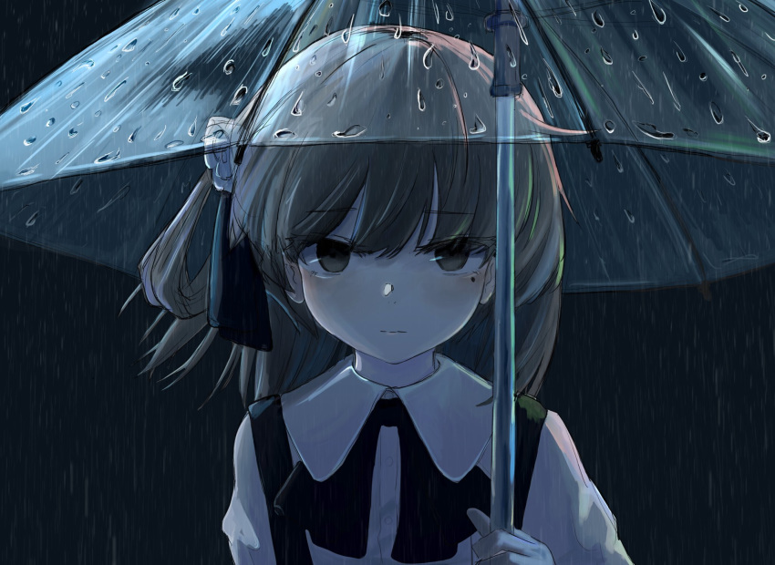 1girl, brown_eyes, brown_hair, closed_mouth, eyebrows_visible_through_hair, hair_ribbon, hatoba_tsugu, highres, holding, holding_umbrella, long_hair, mole, mole_under_eye, no_hat, no_headwear, one_side_up, rain, ribbon, ririringo_mon, shirt, solo, suspenders, tsugu_(vtuber), umbrella, upper_body, white_shirt