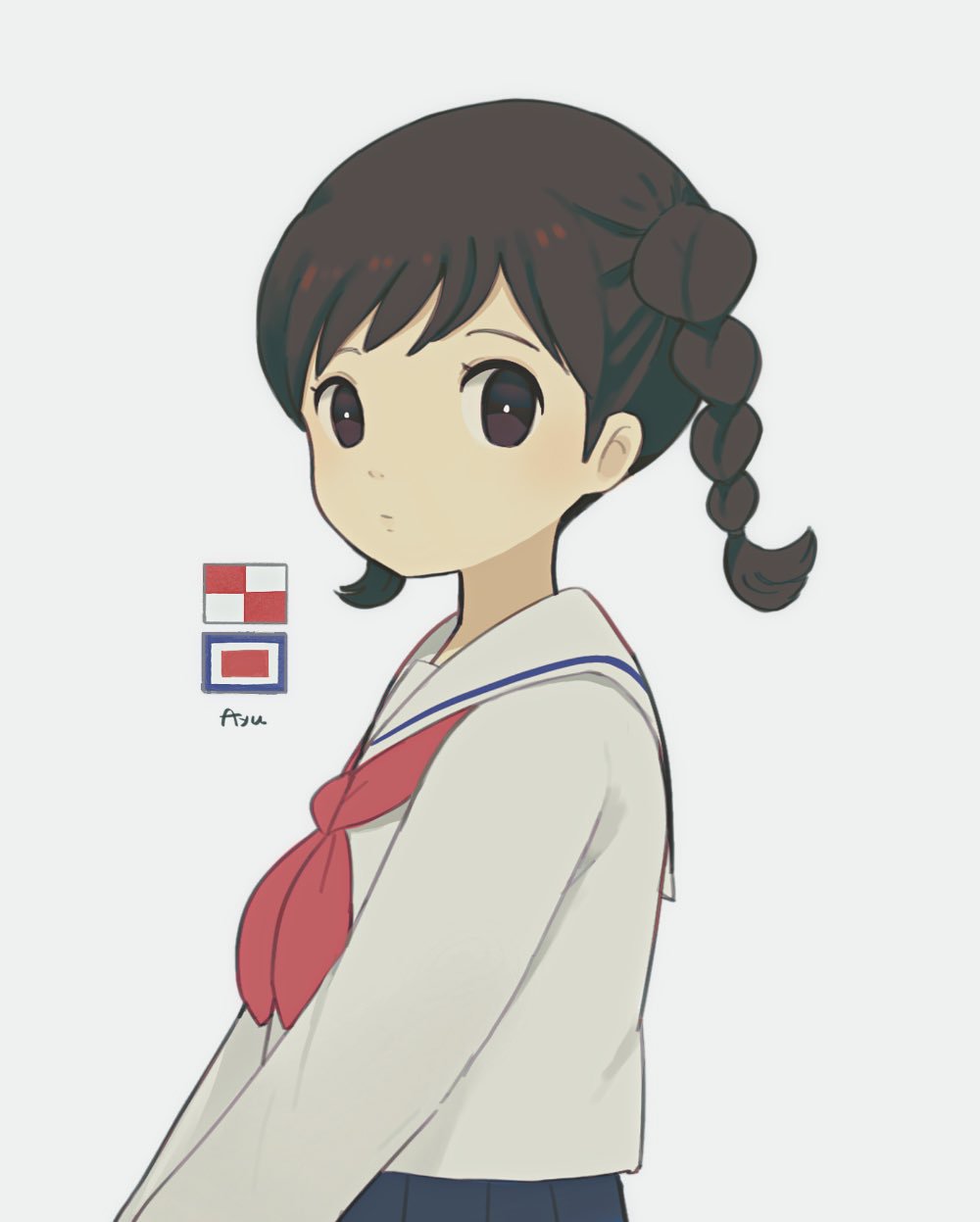1girl, ayu_(mog), blue_skirt, braid, bright_pupils, brown_eyes, brown_hair, closed_mouth