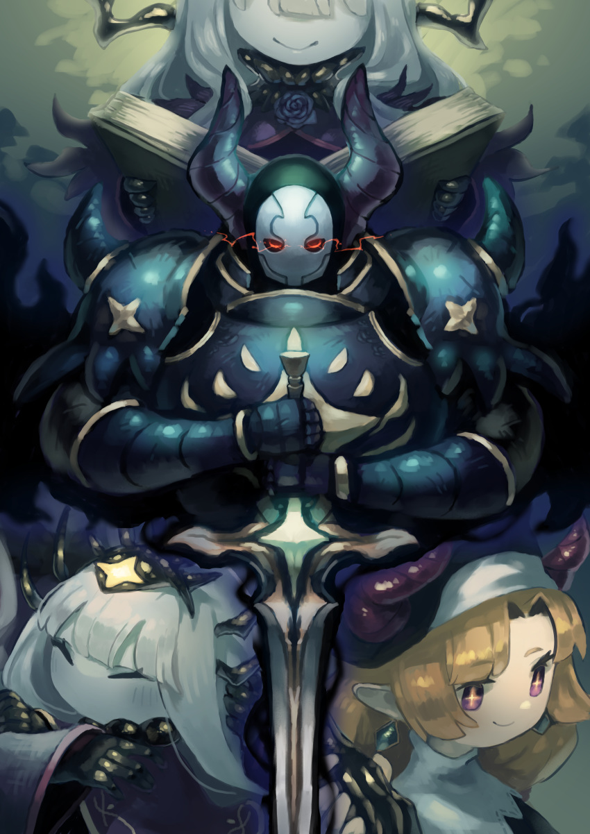 +_+, 1boy, 3girls, absurdres, armor, blonde_hair, book, closed_eyes, closed_mouth, cordula_(okame_nin), dual_persona, earrings, glowing, glowing_eyes, habit, highres, holding, holding_book, holding_sword, holding_weapon, horns, hug, jewelry, long_hair, long_sleeves, mana_matitia_(okame_nin), mask, multiple_girls, nun, okame_nin, original, pauldrons, pointy_ears, shoulder_armor, shoulder_spikes, smile, spikes, sword, two-handed, urushia_(okame_nin), veil, violet_eyes, weapon, white_hair, white_skin