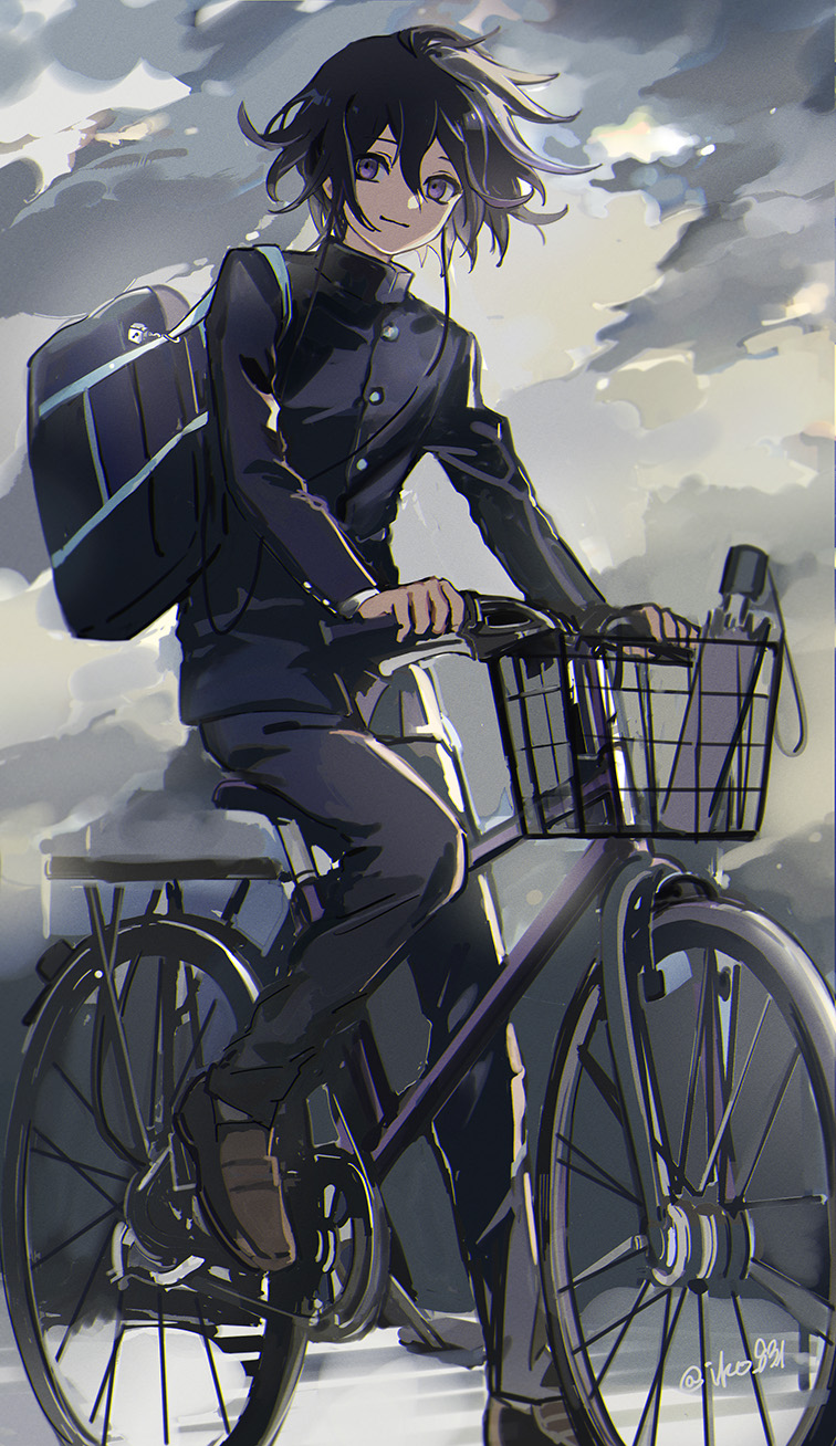 1boy, bag, bangs, bicycle, brown_footwear, closed_umbrella, clouds, cloudy_sky