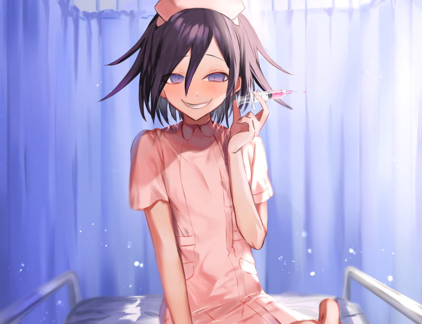 1boy, apaariisyan, bed, black_hair, blush, commentary_request, crossdressinging, curtains, dangan_ronpa, grin, hair_between_eyes, hand_up, hat, highres, holding, indoors, looking_at_viewer, male_focus, new_dangan_ronpa_v3, nurse, nurse_cap, open_mouth, ouma_kokichi, short_sleeves, sitting, smile, solo, syringe, violet_eyes