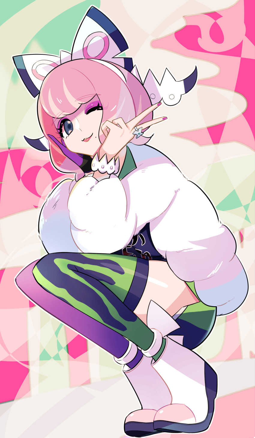 1girl, asymmetrical_legwear, bracelet, closed_mouth, commentary_request, full_body, fur_jacket, gloves