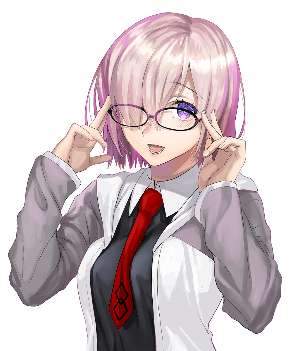 1girl, :d, adjusting_eyewear, black-framed_eyewear, black_shirt, bright_pupils, fate/grand_order, fate_(series)