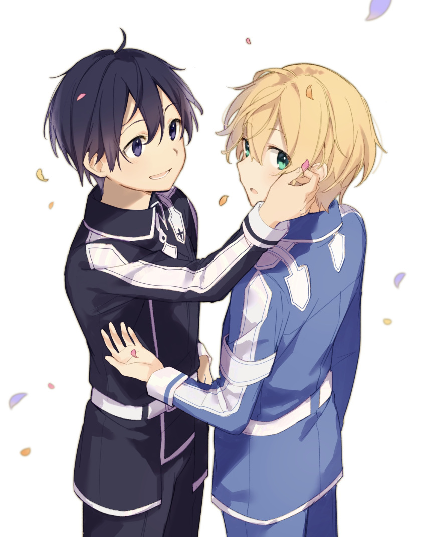 2boys, ahoge, bangs, belt, black_hair, black_jacket, black_pants, blonde_hair