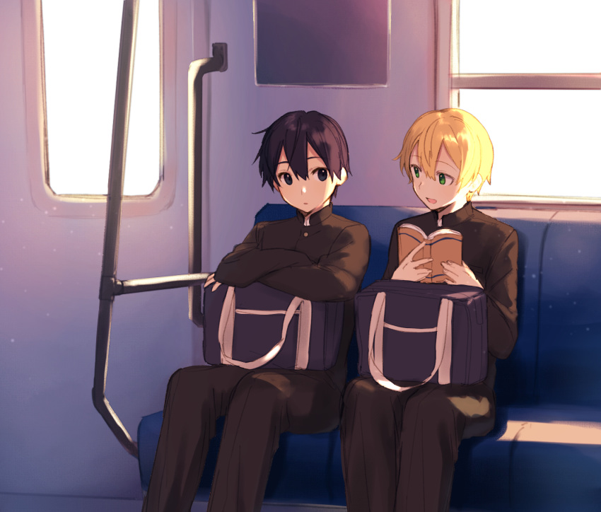 2boys, bag, bangs, black_hair, black_jacket, blonde_hair, book, closed_mouth