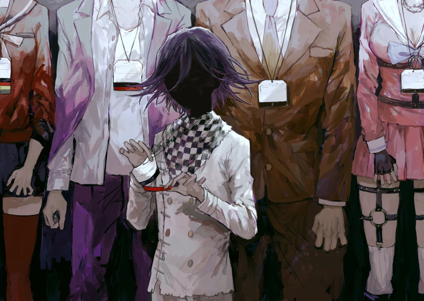 2girls, 3boys, black_gloves, black_skirt, breasts, checkered, checkered_neckwear, dangan_ronpa